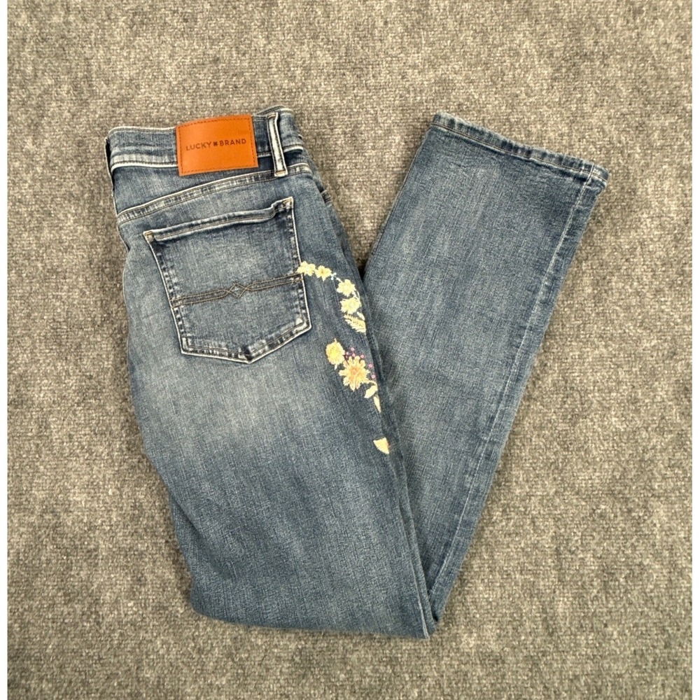 Lucky Brand Sweet Jeans Womens 8 29A Mid Rise Straight Floral Embroidered Blue